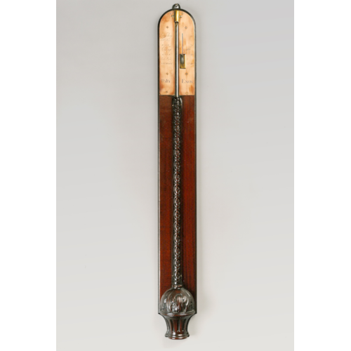 ENGLISH ANTIQUE GEORGE II MAHOGANY STICK BAROMETER BY POLTI OF EXETER